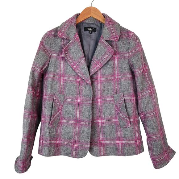 Talbots Gray & Pink Plaid Wool Blazer Size 8 PETITE Button Jacket - Picture 1 of 9
